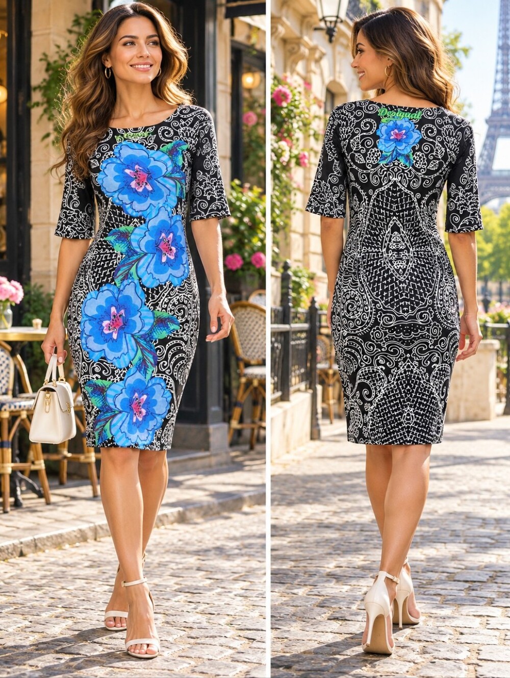 Desigual Floral Print Dress Black & Blue Small